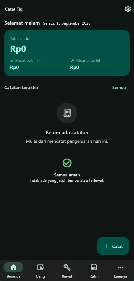 Beranda Catat Fiq: total saldo, pemasukan dan pengeluaran bulan ini, catatan terakhir, navigasi Uang, Rawat, Rutin