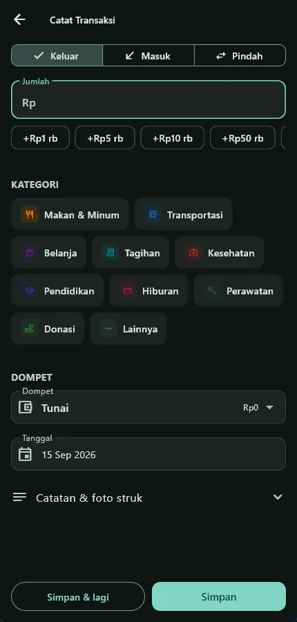 Form Catat Transaksi Catat Fiq: jumlah, pilihan cepat, kategori, dompet, tanggal, catatan dan foto struk
