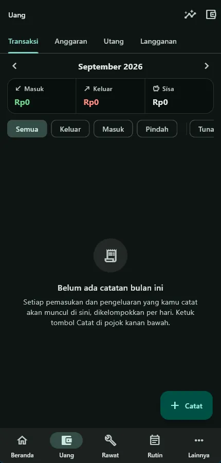 Tab Uang Catat Fiq: transaksi bulan September 2026 dengan ringkasan masuk, keluar, sisa, dan saringan