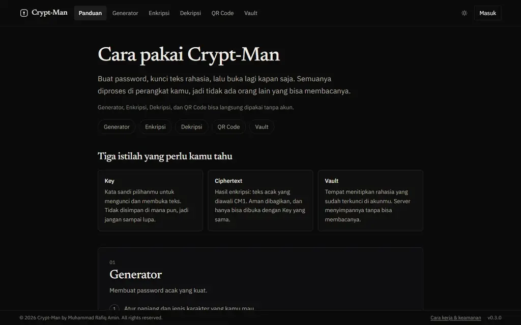 Halaman panduan Crypt-Man yang sedang live: cara pakai, tiga istilah kunci, dan menu Generator, Enkripsi, Dekripsi, QR Code, Vault