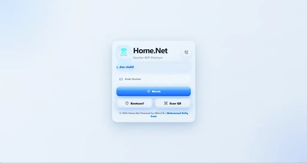 Halaman login hotspot Home.Net dengan kolom kode voucher dan tombol scan QR
