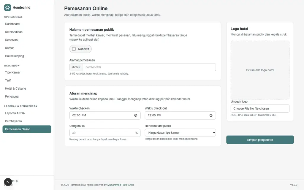 Halaman pengaturan Pemesanan Online di Homtech.id: alamat pemesanan publik, aturan menginap, uang muka, logo hotel
