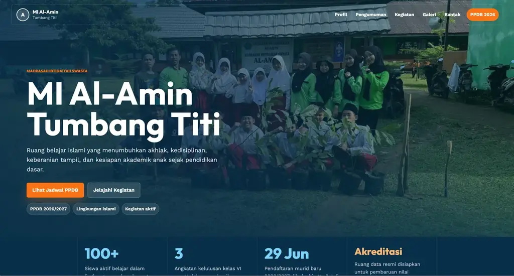 Halaman depan MI Al-Amin Tumbang Titi dengan foto siswa dan tombol jadwal PPDB