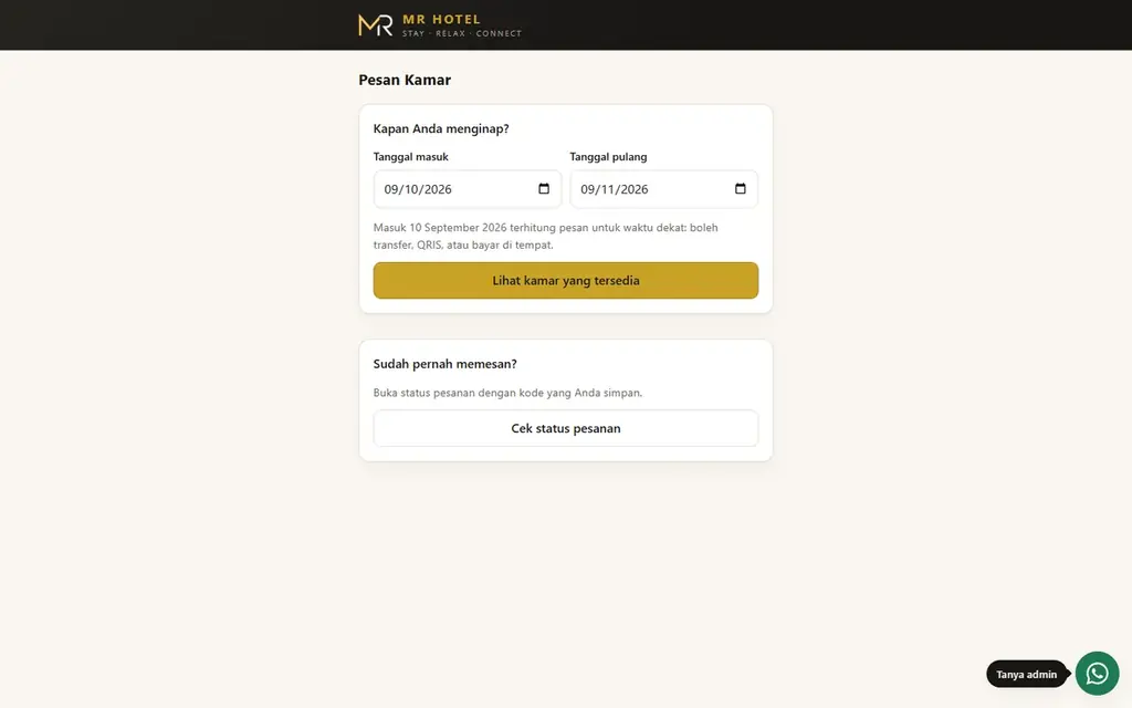 Halaman pesan kamar MR Hotel dengan pilihan tanggal masuk dan pulang
