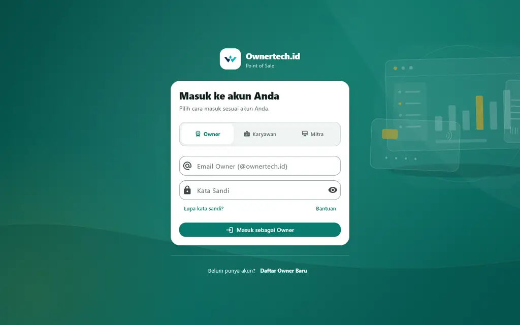 Layar masuk aplikasi kasir Ownertech.id: pilihan masuk sebagai Owner, Karyawan, atau Mitra