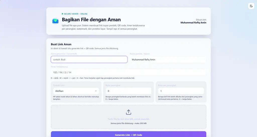Formulir Secure Viewer untuk membuat tautan aman dengan timer dan batas perangkat